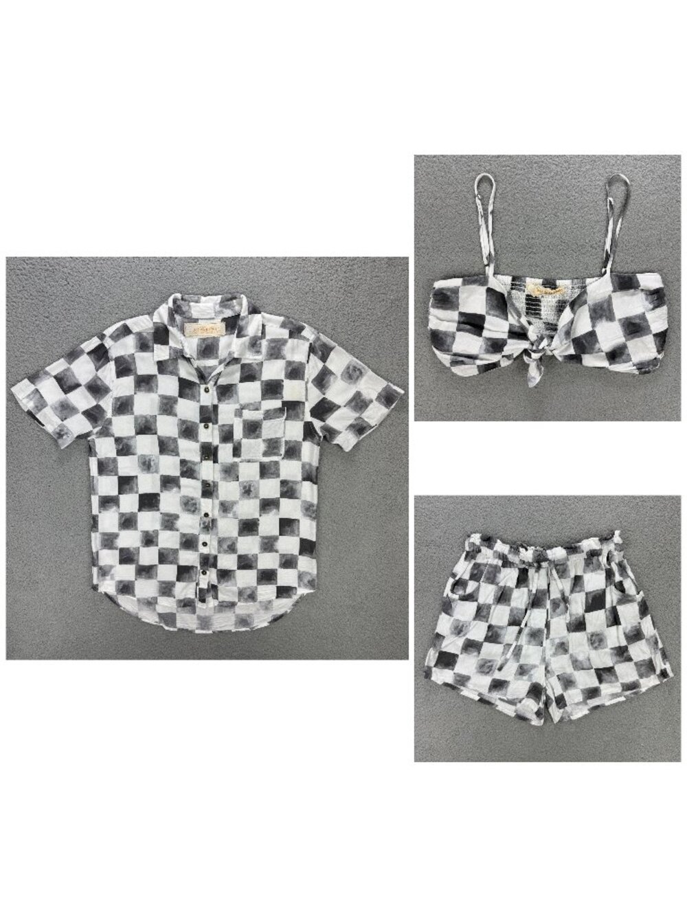 Jens Pirate Booty Set 3pcs Womens Small S White Grey Checker Shirt Shorts Bra